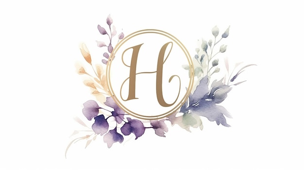 logo floreale in acquerello dorato per la decorazione di fiori morbidi con iniziale H su sfondo bianco