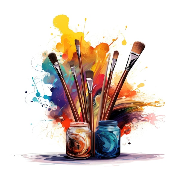 Logo grafico semplice di pennelli e vernici colorati con schizzi su sfondo bianco