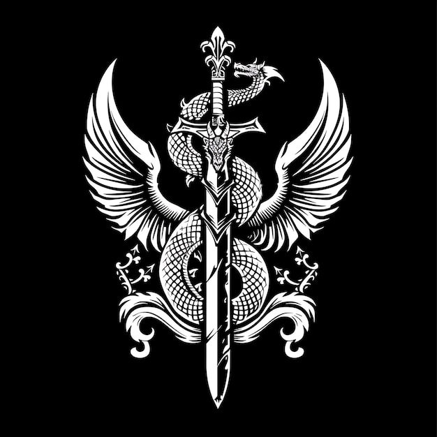 Logo intricato dello stemma del cavaliere del drago con un arco di spiralazione del drago Design creativo del logo del tatuaggio