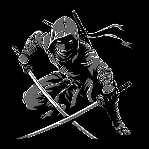 Logo Ninja con un Kusarigama mascherato e furtivo accovacciato e Rea T-shirt Tattoo Collage Design Art