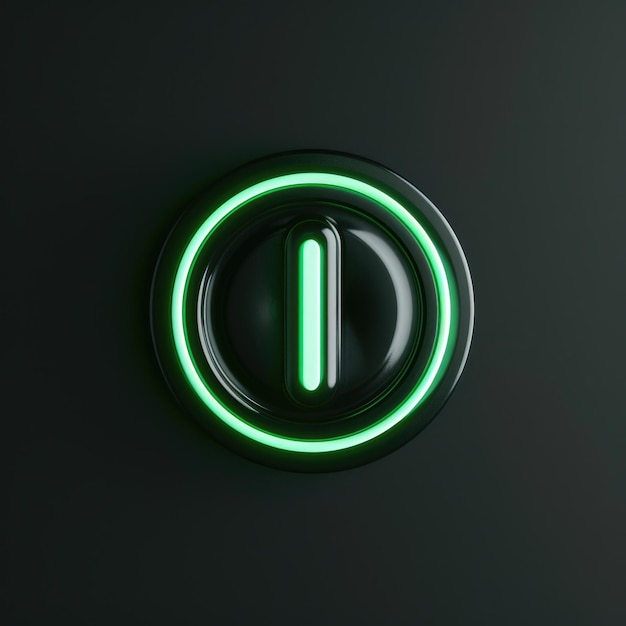 Logo rotondo del pulsante di accensione al neon verde su uno sfondo nero in stile 3D generativo AI