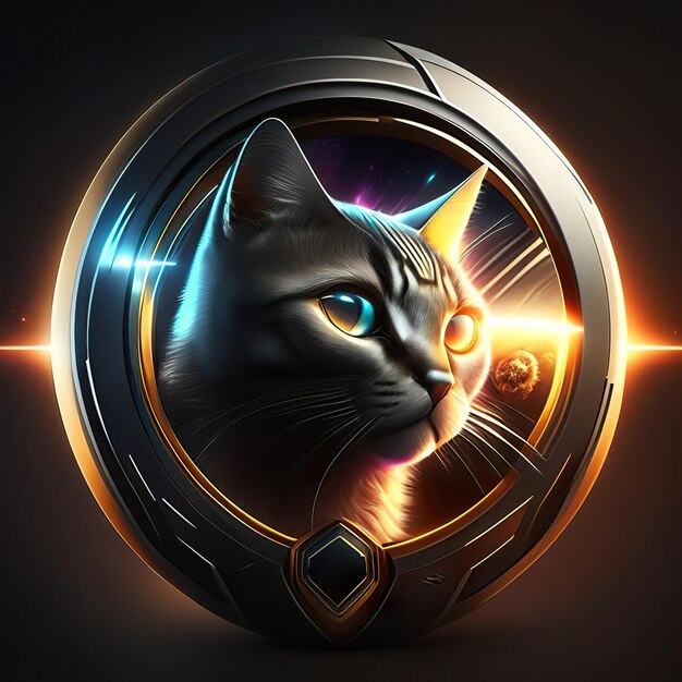 Logo rotondo moderno con gatto e dettagli in oro e luce sullo sfondo AI generativa