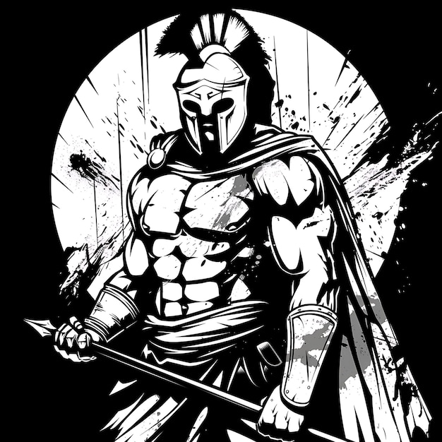 Logo Spartan brandendo una lancia con un'espressione feroce in una maglietta di carica Tattoo Collage Design Art