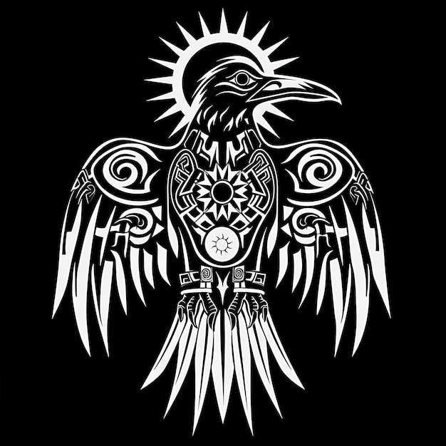 Logo Totem della Tribù del Corvo Mistico con Figura del Corvo e Disegno del Tatto Creativo del Logo Tribale