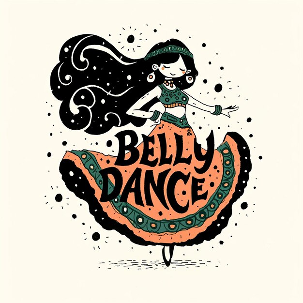 Logo Una ragazza sta ballando con un costume di belly dance La parola Belly Dance è scritta con un carattere colorato