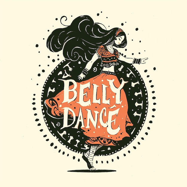 Logo Una ragazza sta ballando con un costume di belly dance La parola Belly Dance è scritta con un carattere colorato