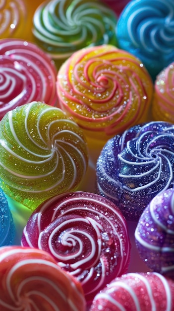 Lollipop colorati che galleggiano in una ciotola di acqua trasparente creando uno spettacolo vibrante e stravagante