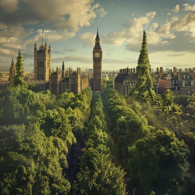 Londra annegata in lussureggianti foreste verdi che trasmettono l'armonia tra la vita cittadina e la natura