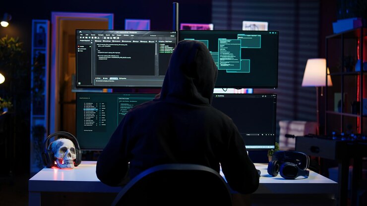 Photo lone wolf hacker in secret hideout trying to hide online activity