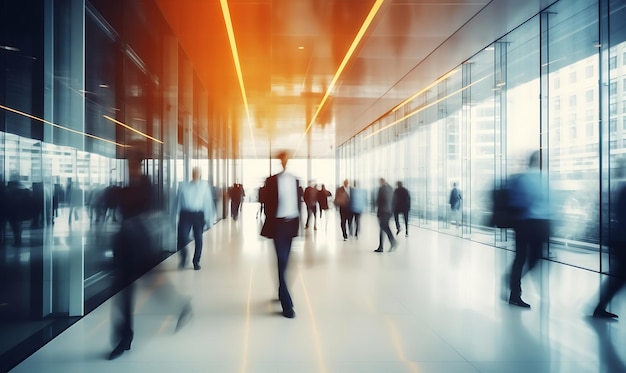 Long exposure shot di una folla di uomini d'affari che camminano nella luminosa hall dell'ufficio muovendosi velocemente con sfocatura