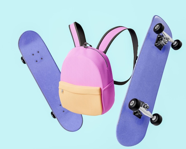 Longboard blu e borsa da scuola