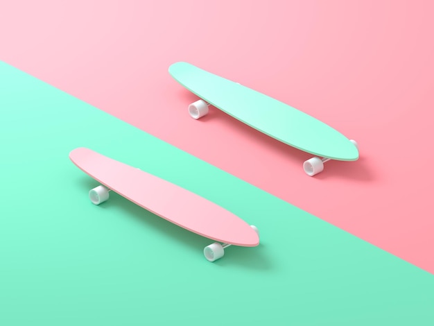 Longboard su sfondo rosa e verde 3d rendering illustrazione