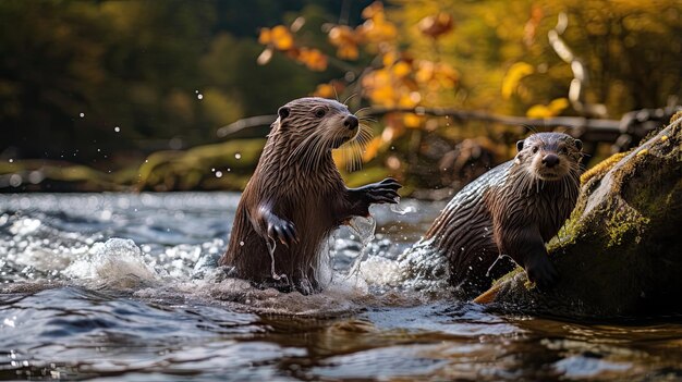 Lontre giocose che scivolano lungo la liscia riva del fiume in pura gioia