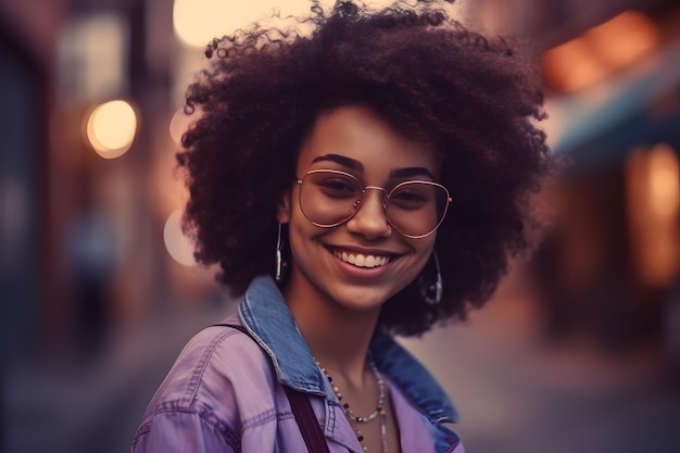 Look alla moda Allegra donna di colore per strada Abito e taglio di capelli retrò anni '80 Generative Ai Stile retrowave Stile Boho