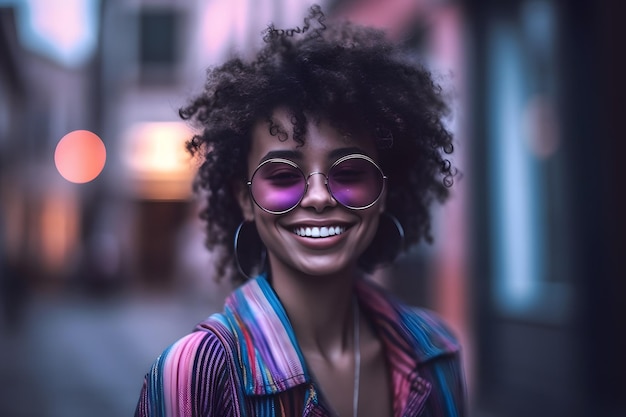 Look alla moda Allegra donna di colore per strada Abito retrò anni '80 e taglio di capelli e occhiali da sole Generative Ai Stile Retrowave Stile Boho