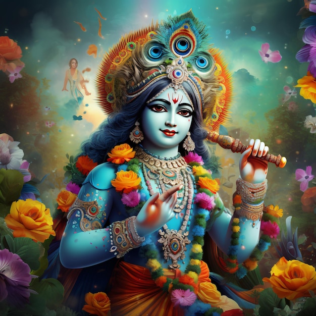 Lord Bal Krishna con carta da parati a sfondo colorato