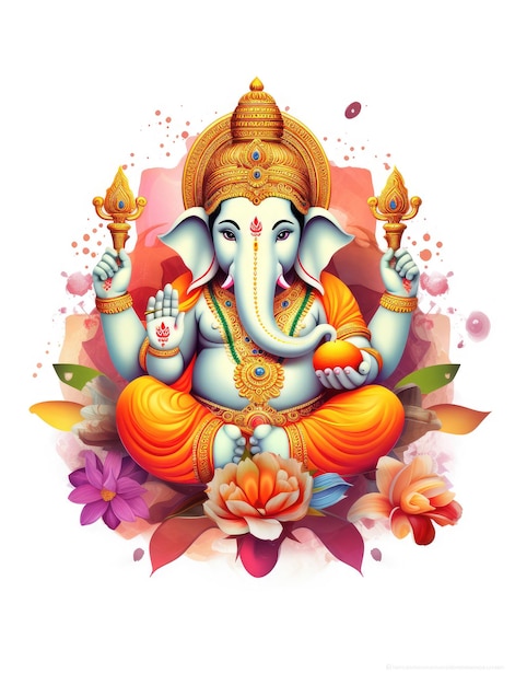 Lord Ganesha con fiori su sfondo bianco