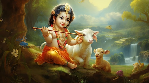 Lord Krishna bellissimo poster con un paesaggio immaginario Janmasthami speciale per il popolo indiano