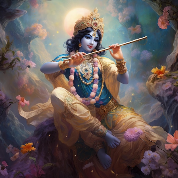 Lord Krishna e suona il flauto in occasione del festival Janmashtami dell'India Ai Generated