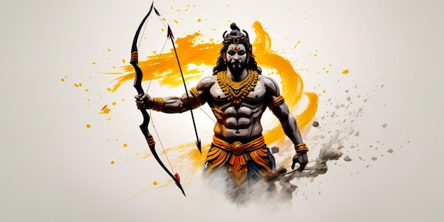 Lord Ram che tiene la freccia dell'arco con la silhouette del demone Ravan e l'effetto del tratto di pennello su sfondo bianco f