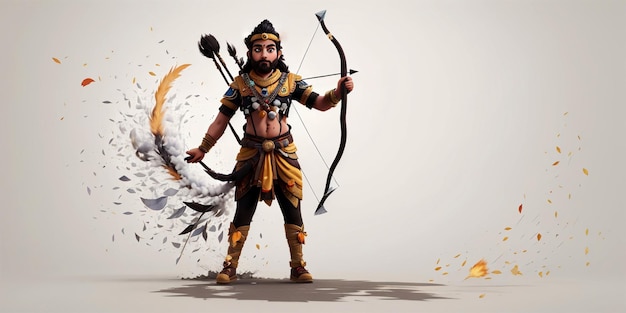 Lord Ram che tiene la freccia dell'arco con la silhouette del demone Ravan e l'effetto del tratto di pennello