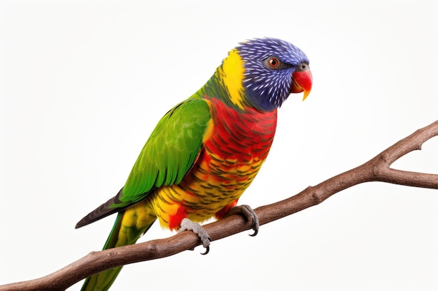 Lorikeet che si poggia su un ramo isolato su uno sfondo bianco