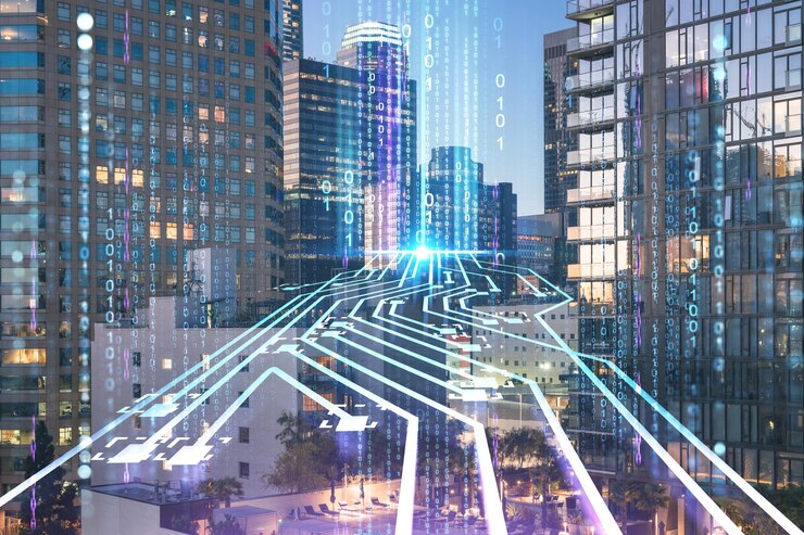 Los Angeles paesaggio urbano illuminato in centro di notte California USA Grattacieli della città di Los Angeles Ologramma del concetto di intelligenza artificiale AI e business machine learning robotica della rete neurale