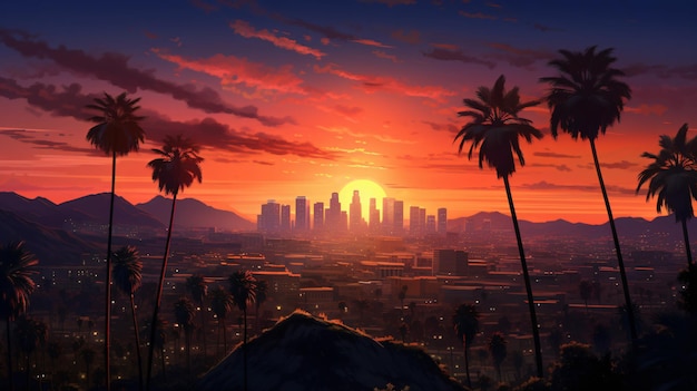 Los Angeles vista calda del tramonto con la palma e il centro della città
