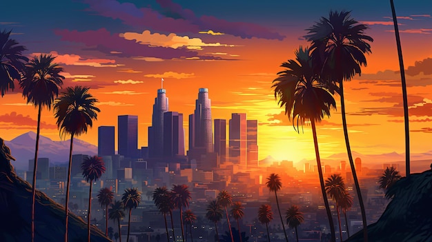 Los Angeles vista caldo tramonto con palma e centro città