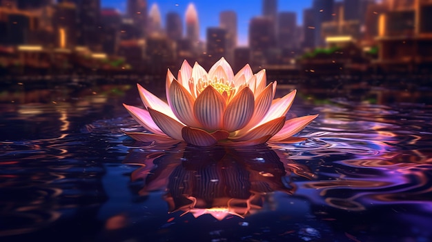 loto incandescente sull'acqua al bellissimo sfondo del giorno del vesak notturno