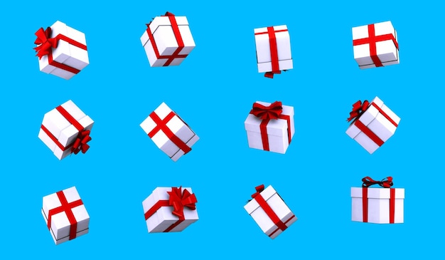 Lotti regalo bianco con fiocco rosso isolato illustrazione 3D della scatola a sorpresa Elementi galleggianti