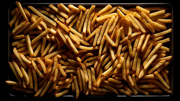 Lotto di patatine fritte surgelate in una ciotola verdure biologiche Sfondo nero AI Generativo
