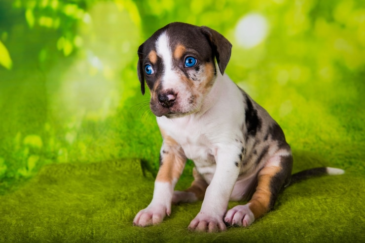 Foto louisiana catahoula leopard dog cucciolo primo piano ritratto su sfondo verde