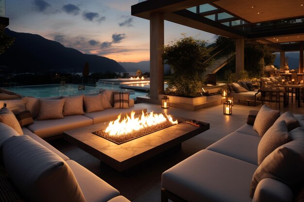 lounge araff con una fossa di fuoco su un patio con vista su una piscina generativa ai