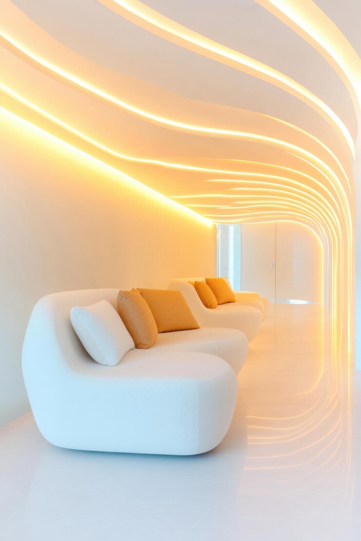 Lounge bianco moderno con design curvo e illuminazione ambientale in uno spazio contemporaneo