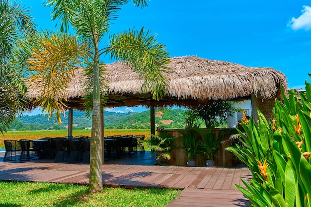 Lounge con un paesaggio montano tropicale. Terrazza con tettoia a bordo piscina con vista sulle montagne.