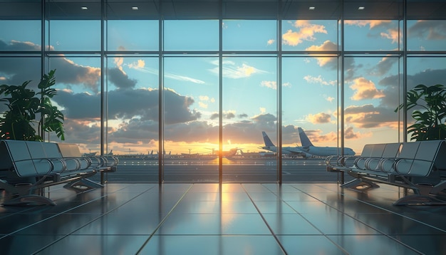 Lounge dell'aeroporto con gli aerei sullo sfondo