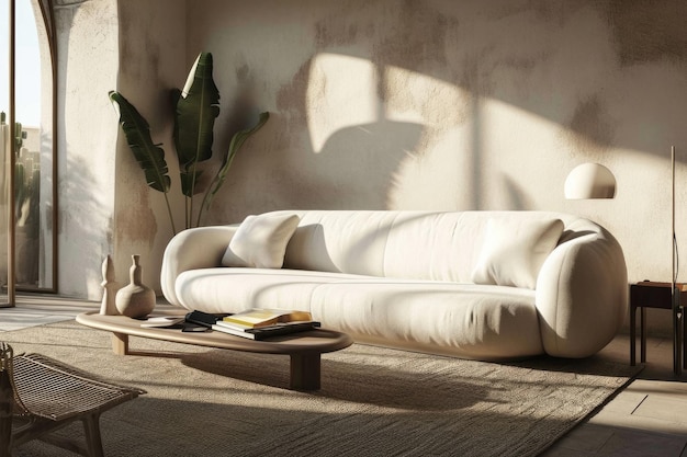 Lounge scandinavo di lusso Interiore moderno con divano organico e accenti di cemento