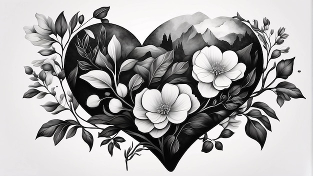 Love Heart Arrangement Floral Black and White Flower Bouquet Illustrazione Design di carte scure