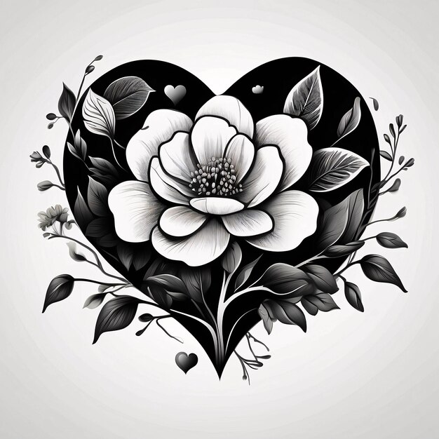 Love Heart Arrangement Floral Black and White Flower Bouquet Illustrazione Design di carte scure