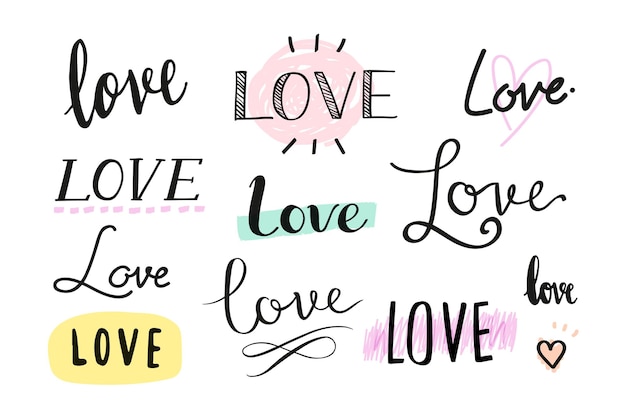Love png raccolta di parole disegnate a mano trasparenti