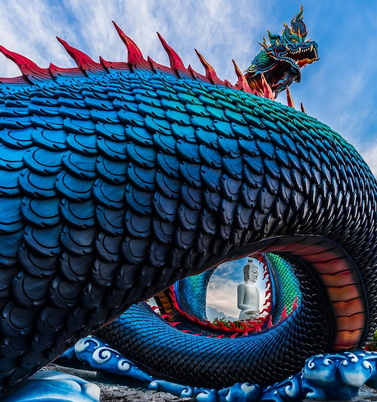 Photo low angle view of dragon statue against blue sky