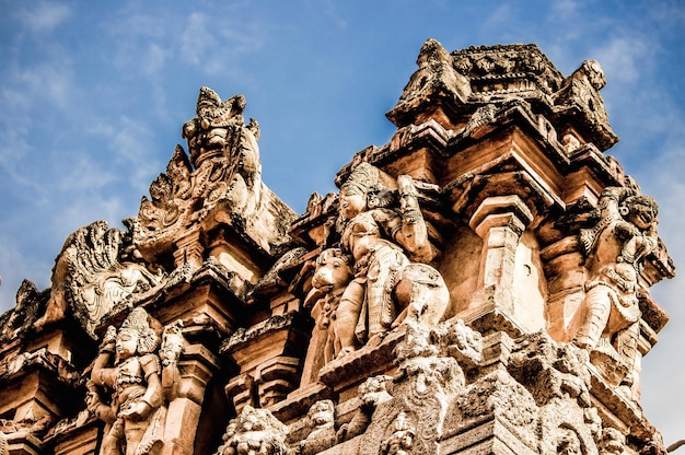 Low angle view of sculptures at brihadeeswarar temple