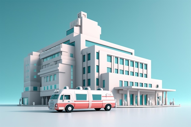 Low poly building Hospital Design 3d Render Con uno sfondo grigio