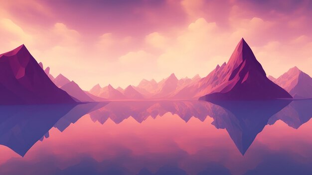 Low Poly Environment Day Mountain e Lake Landscape 3D rendering