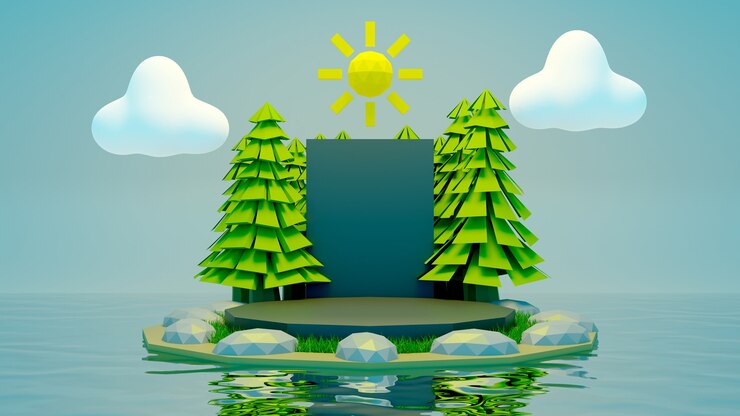 Photo low poly forest on the water with sun and cloud in the sky summer background 3d render