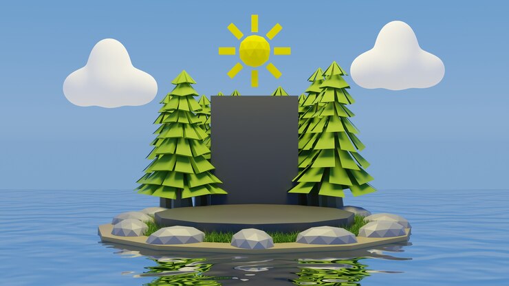 Photo low poly forest on the water with sun and cloud in the sky summer background 3d render