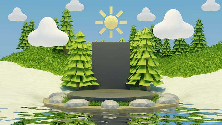 Photo low poly forest on the water with sun and cloud in the sky summer background 3d render