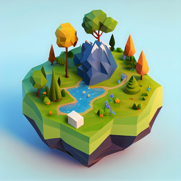 Low poly rendering di un paesaggio con un concetto di gioco di rocce e lago paesaggio generativo ai