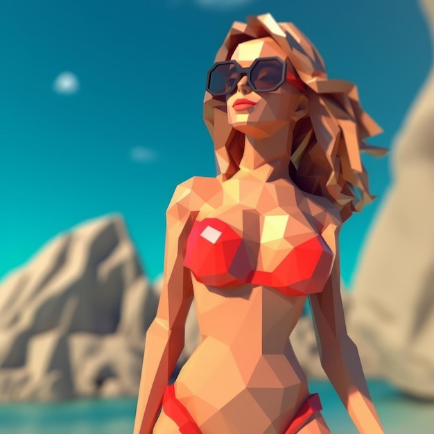 LowPoly 3D Bikini Donna su una spiaggia estiva